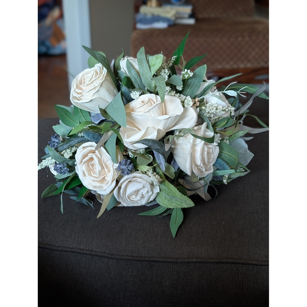 Large Sola Wood Bridal Bouquet Ivory Roses Sage Eucalyptus Dusty Blue Wedding